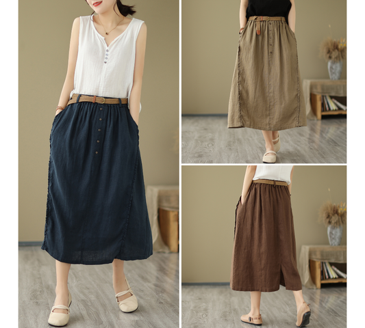 Cotton Linen Midi Skirt Women with Belt, Midi Skirt with Pockets, Midi Skirt Summer, Midi Skirt Casual, Midi Skirt with Slit