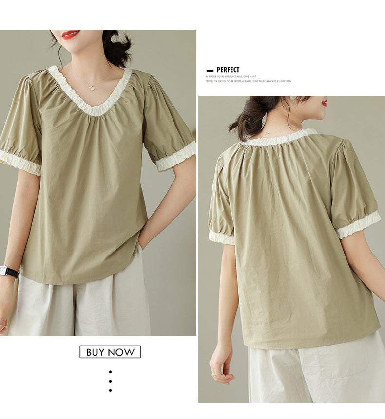 Contrast Color V Neck Blouse with Short Sleeves, Casual Blouse for Women, Beige Blouse Tops, Khaki Blouse Tops, XS-XL