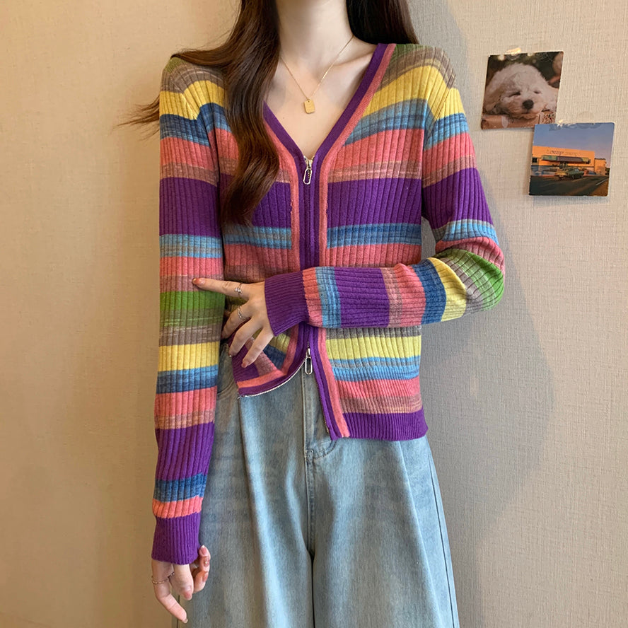 Womens Striped Color Block Fashion V Neck Long Sleeve Zip up Knit Sweater, Colorful Knit Sweater, Rainbow Knit Sweater, XS-XXL