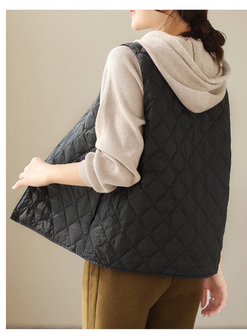 Quilted Down Puffer Vest Women, Lightweight Quilted Vest, Down Vest with Side Pockets, Sleeveless Quilted Vest, Button Front Quilted Vest