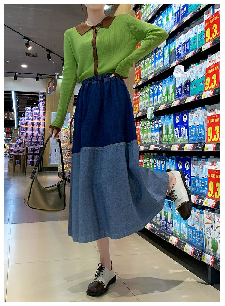 Color Block Denim Skirt, Denim Ruffle Skirt, Tiered Denim Skirt Women Midi Length, 100 Percent Cotton Denim Skirts for Women, XS-XL