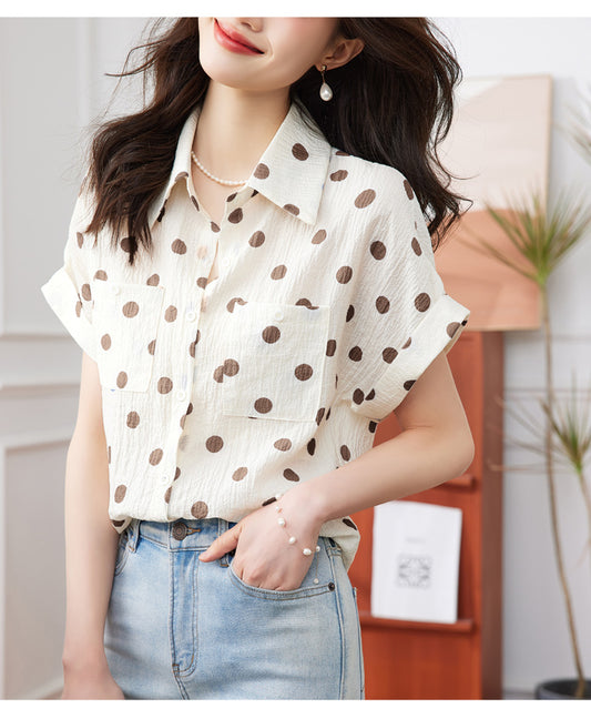 Womens Button Down Shirts Polka Dot Classic Short Sleeve Collared Office Work Blouses Tops with Pocket