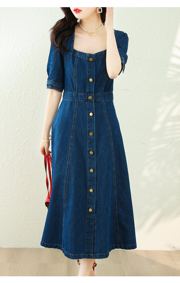 Denim Midi Dress with Puff Sleeve, Square Neck Denim Midi Dress with Long Button Down, Denim Midi Dress with Half Sleeves