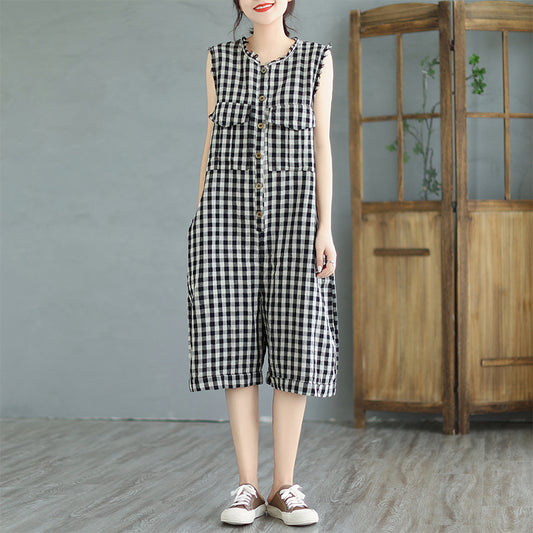 Linen Rompers with Shorts, Black and White Plaid Rompers, Rompers Women Summer, Rompers with Pockets, Casual Rompers, Rompers Comfy