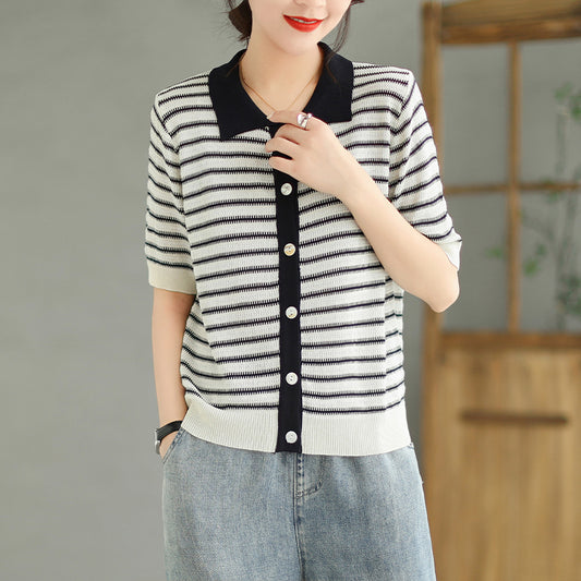 Black and White Striped Sweaters Women Summer, Open Front Sweaters with Short Sleeve, Knit Cardigan Sweater Tops for Women