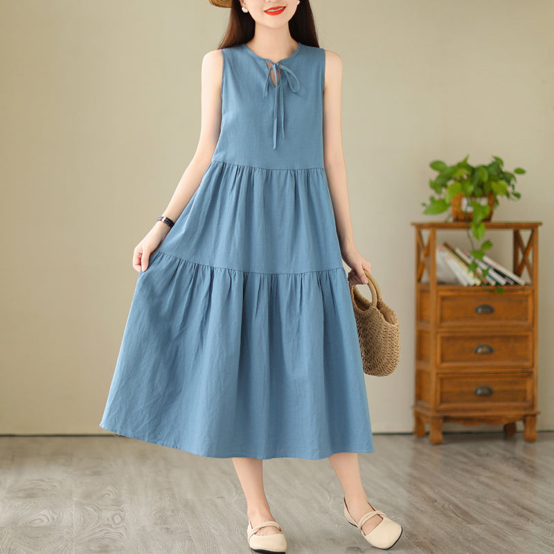 Tiered Dress Women Sleeveless, Split Neck Tiered Midi Dress, V Neck Tie Front Dress, Relaxed Fit Tiered Midi Dress, Blue Tiered Dress