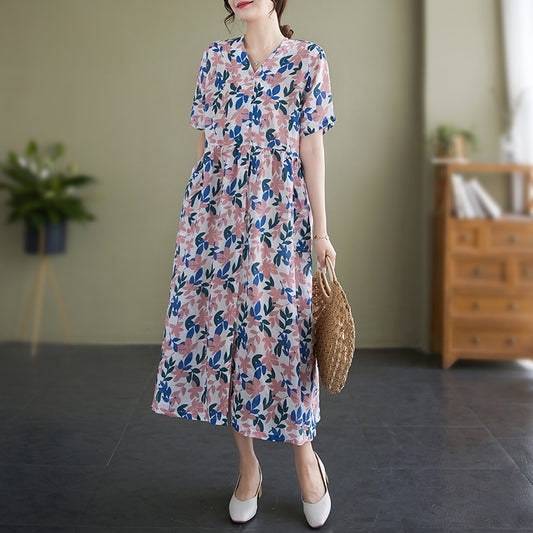 Cotton Linen Midi Dress Floral Pattern Pockets V Neck, Midi Swing Dress Casual, Pleated Dress with Short Sleeves, Midi Dress Summer
