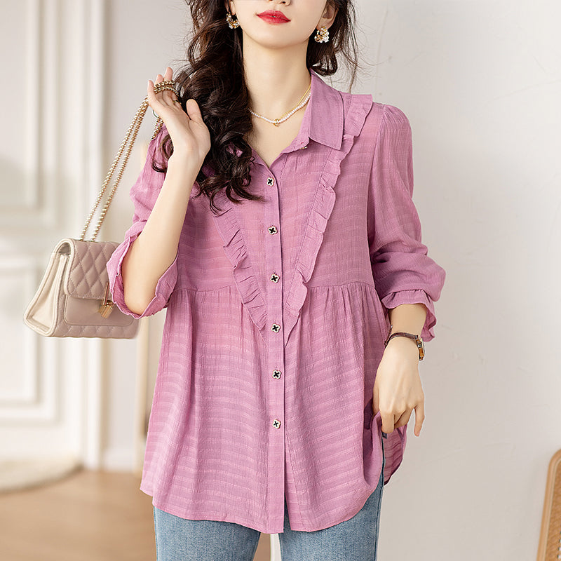 Shirt Blouse for Women, Fall Plus Size Long Sleeve Blouse, Casual Collared Blouse, Ruffle Cuff Blouse, Button Front Blouse, XXS-1XL