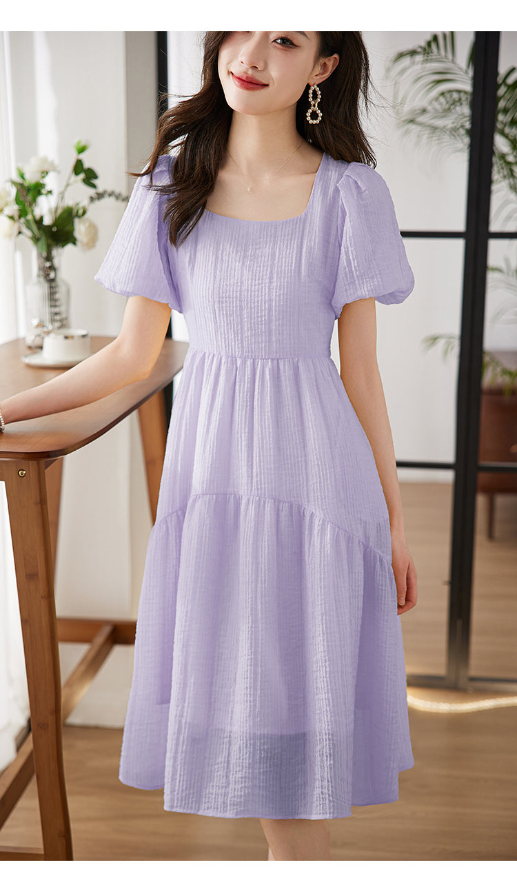 Tencel Midi Dress Women, Midi Dress Puff Sleeve, Square Neck Midi Dress, Midi Dress with Lining, Yellow Dress, Purple Dress, Blue Dress