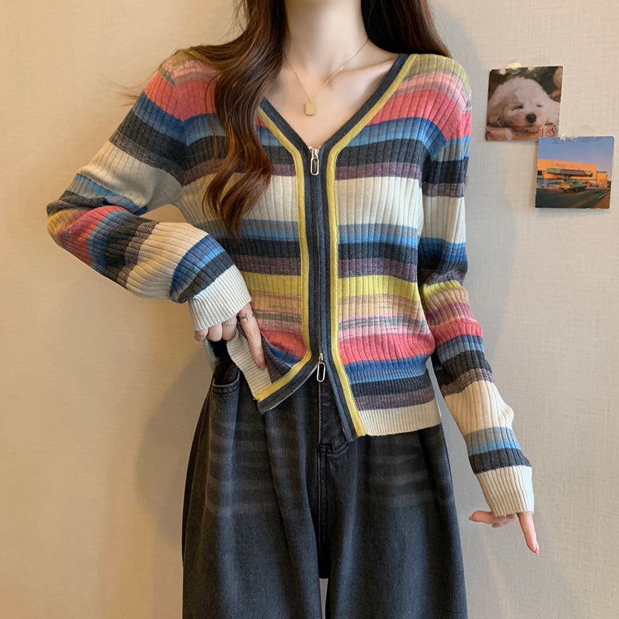 Womens Striped Color Block Fashion V Neck Long Sleeve Zip up Knit Sweater, Colorful Knit Sweater, Rainbow Knit Sweater, XS-XXL