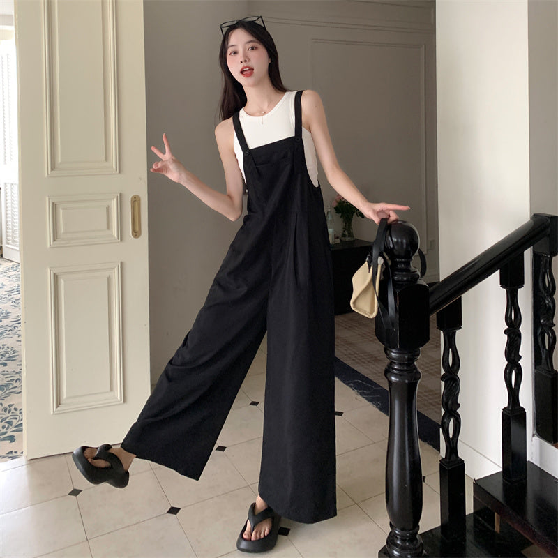 Women's Bib Overalls Casual Summer Sleeveless Strap Loose Wide Leg Jumpsuits with Pockets, Long Bib Pants Jumpsuits Baggy Rompers Overalls
