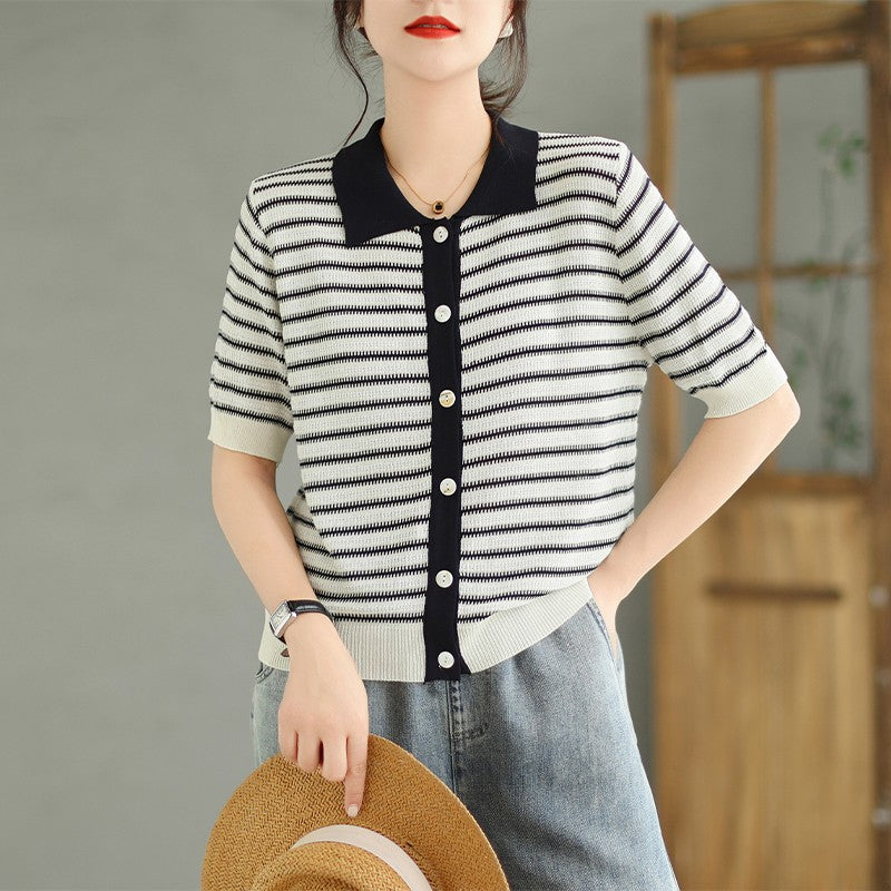 Black and White Striped Sweaters Women Summer, Open Front Sweaters with Short Sleeve, Knit Cardigan Sweater Tops for Women