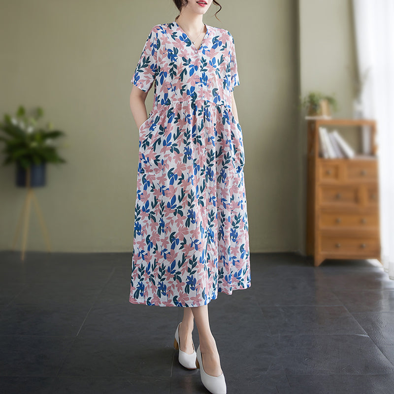 Cotton Linen Midi Dress Floral Pattern Pockets V Neck, Midi Swing Dress Casual, Pleated Dress with Short Sleeves, Midi Dress Summer