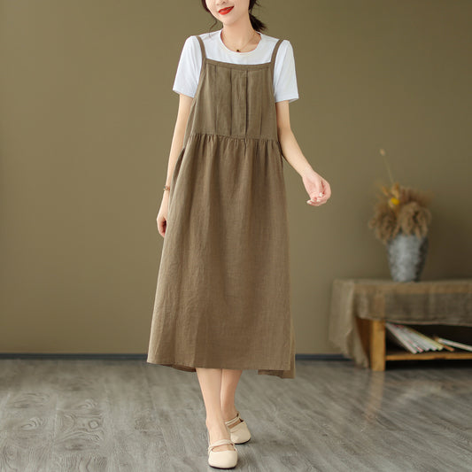 Linen Overall Midi Dress for Women, Linen Overall Dress Relaxed Fit, Overall Dress Casual, Square Neck Overall Dress, Brown Overall Dress