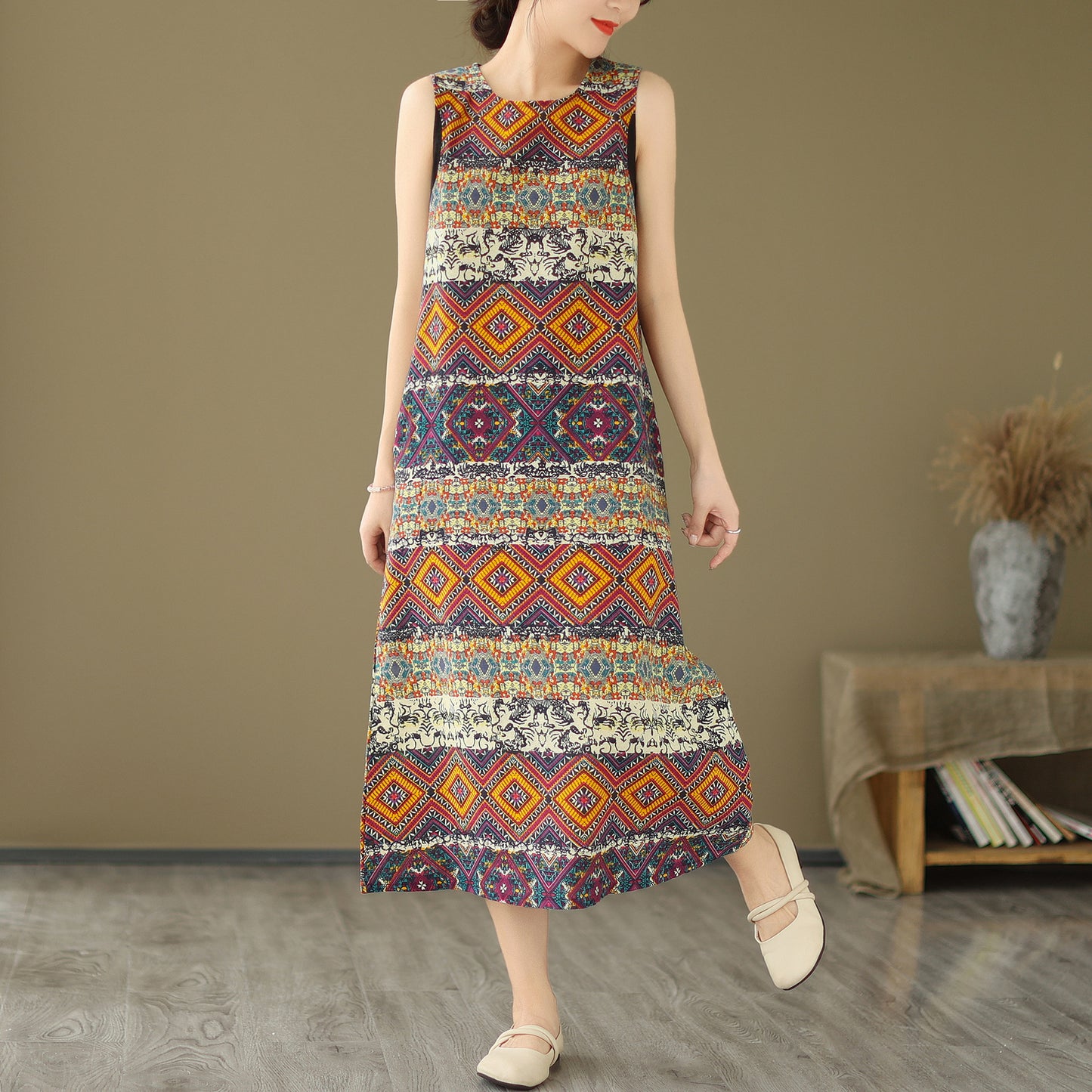 Linen Midi Dress Pattern with Pockets, Linen Midi Dress Sleeveless, Printed Linen Midi Dress, Vintage Linen Dresses, Vintage Summer Dress