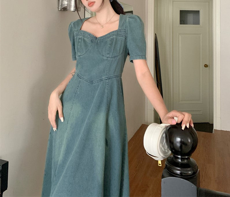 Denim Midi Dress for Women with Short Sleeves, French Denim Dress, Denim Dress Midi, Denim Dress with Puff Sleeve, Denim Dress with Pockets