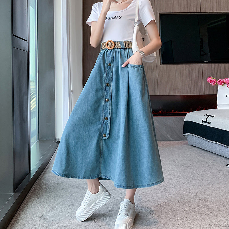 Denim Midi Skirt with Belt, Front Slit Denim Midi Skirt with Long Button Front, Denim Skirt Elastic Waist for Women, Casual Denim Midi Skirt