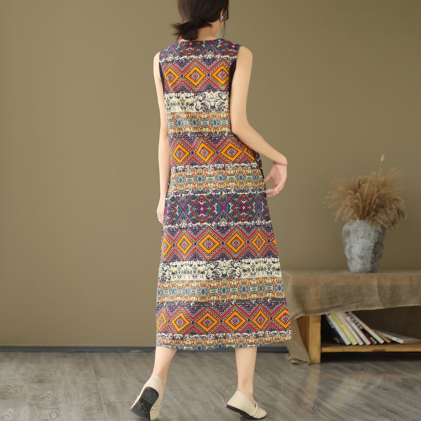 Linen Midi Dress Pattern with Pockets, Linen Midi Dress Sleeveless, Printed Linen Midi Dress, Vintage Linen Dresses, Vintage Summer Dress