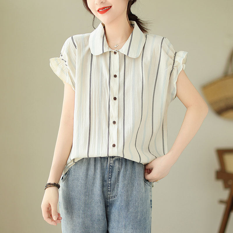 Striped Blouse Women with Reglan Sleeve, Collared Blouse with Button Front, Relaxed Fit Striped Blouse, Pink Striped Blouse, XS-XL