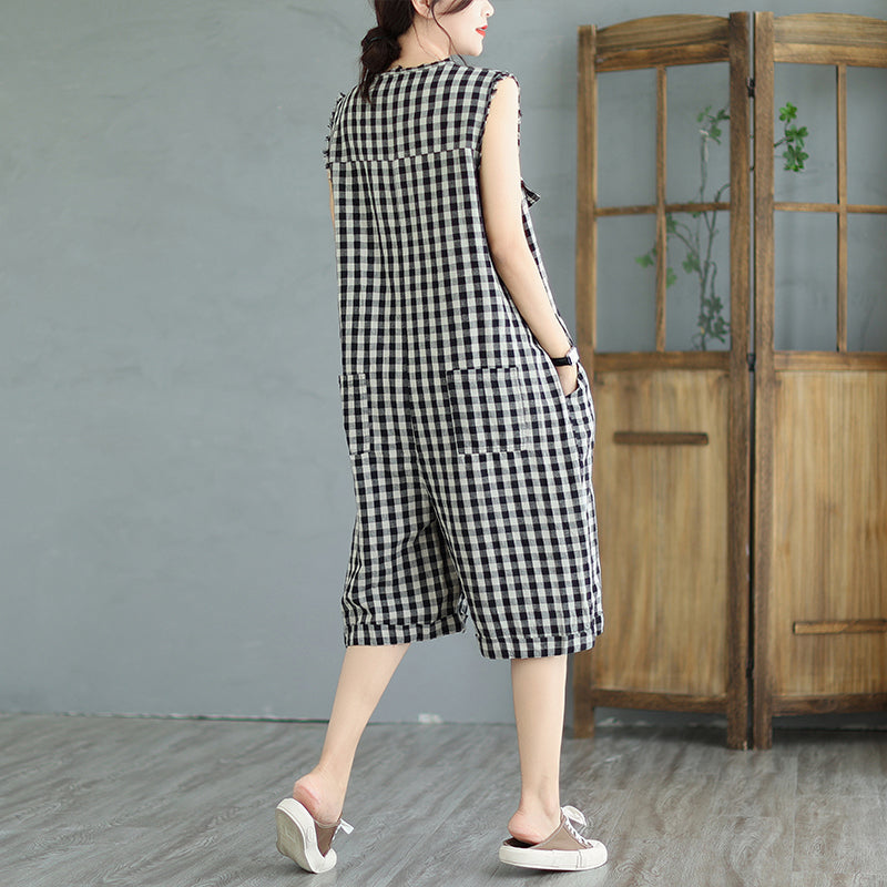 Linen Rompers with Shorts, Black and White Plaid Rompers, Rompers Women Summer, Rompers with Pockets, Casual Rompers, Rompers Comfy