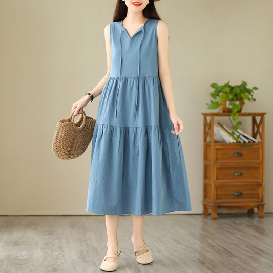 Tiered Dress Women Sleeveless, Split Neck Tiered Midi Dress, V Neck Tie Front Dress, Relaxed Fit Tiered Midi Dress, Blue Tiered Dress
