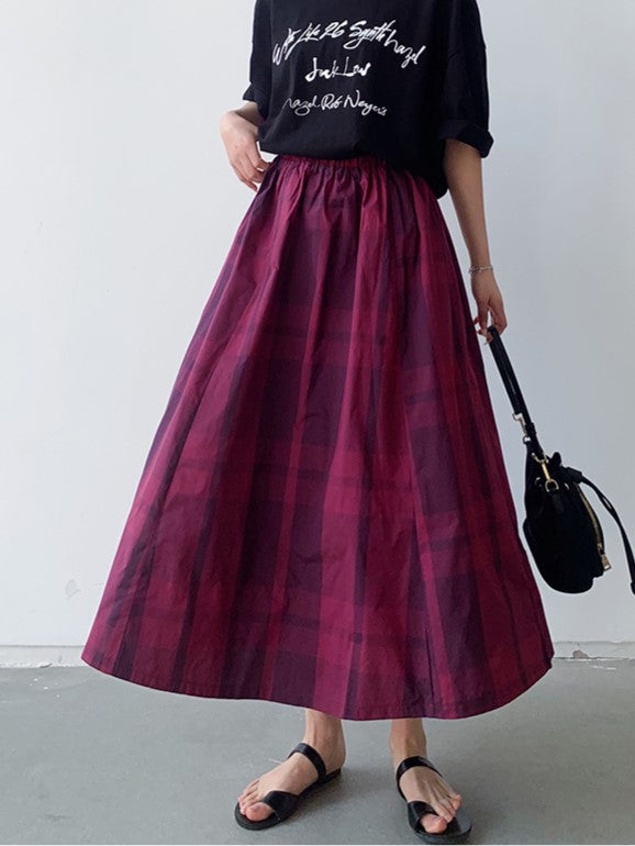 Plaid midi skirt with elastic waist