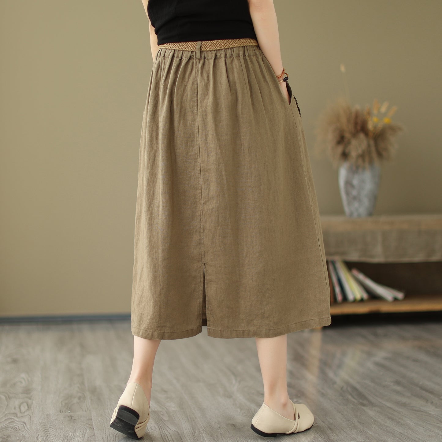 Cotton Linen Midi Skirt Women with Belt, Midi Skirt with Pockets, Midi Skirt Summer, Midi Skirt Casual, Midi Skirt with Slit
