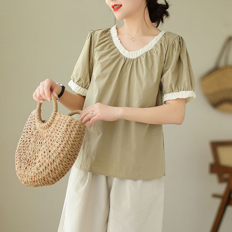 Contrast Color V Neck Blouse with Short Sleeves, Casual Blouse for Women, Beige Blouse Tops, Khaki Blouse Tops, XS-XL