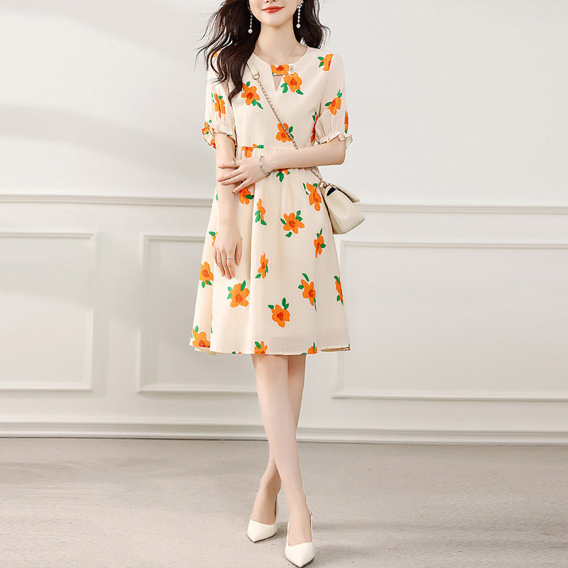 Floral Print Short Sleeve Dress, Floral Print Dress Midi, Printed Dress Summer for Women, Relaxed Fit Midi Dress, Midi Dress with Lining