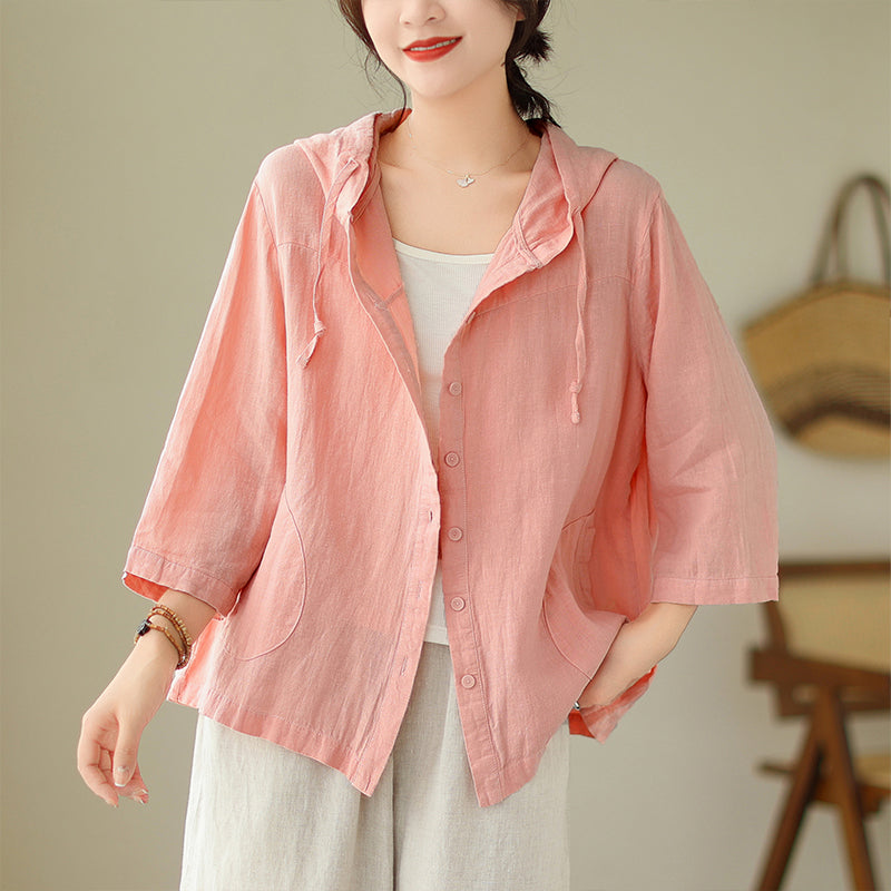 otton Linen Blouse 3/4 Sleeves, Jacket Blouse for Women, Hoodie Blouse Shirts, Solid Button Front Blouse, Casual Blouse Gray, Pink Blouse