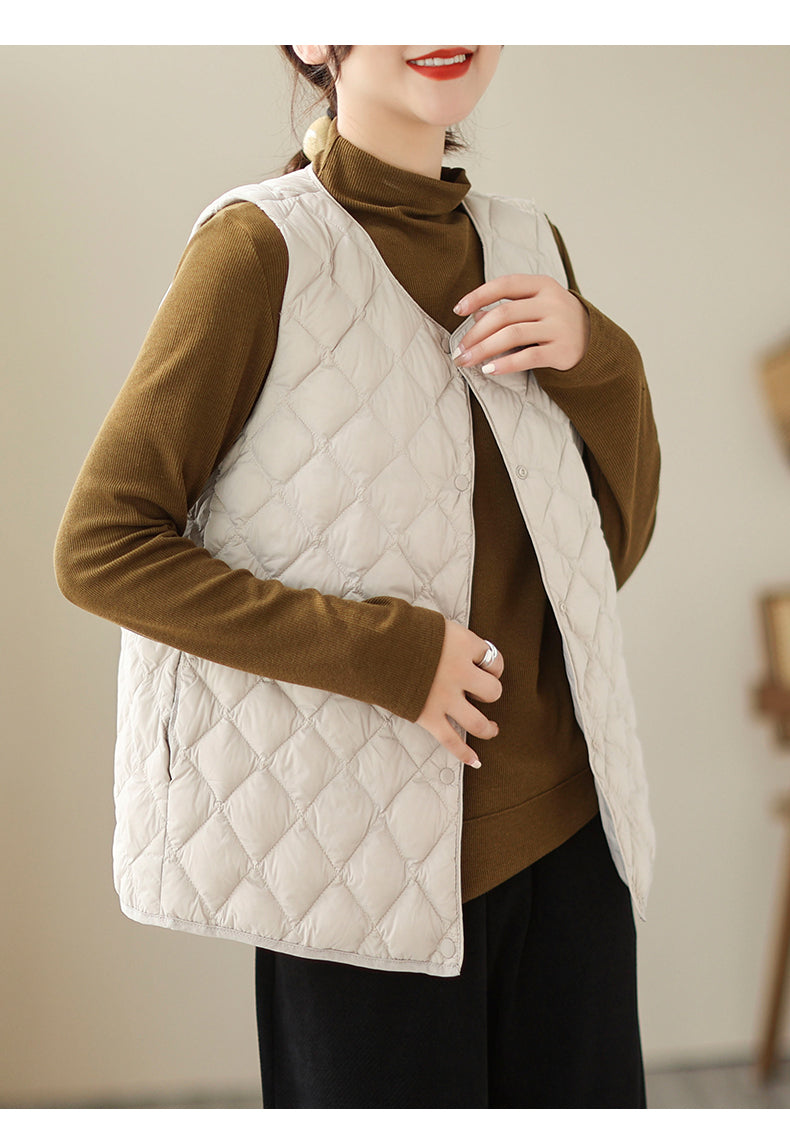 Quilted Down Puffer Vest Women, Lightweight Quilted Vest, Down Vest with Side Pockets, Sleeveless Quilted Vest, Button Front Quilted Vest