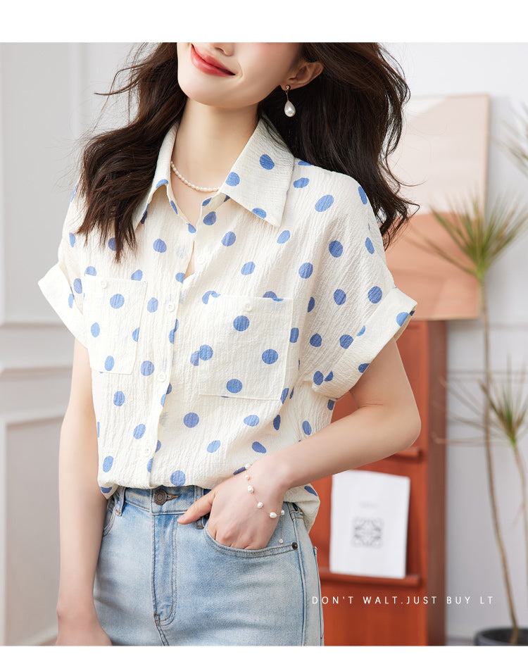 Womens Button Down Shirts Polka Dot Classic Short Sleeve Collared Office Work Blouses Tops with Pocket