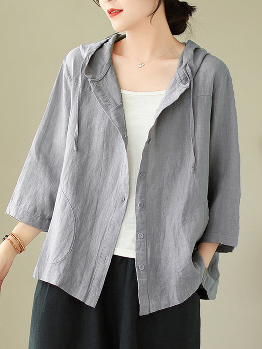 otton Linen Blouse 3/4 Sleeves, Jacket Blouse for Women, Hoodie Blouse Shirts, Solid Button Front Blouse, Casual Blouse Gray, Pink Blouse