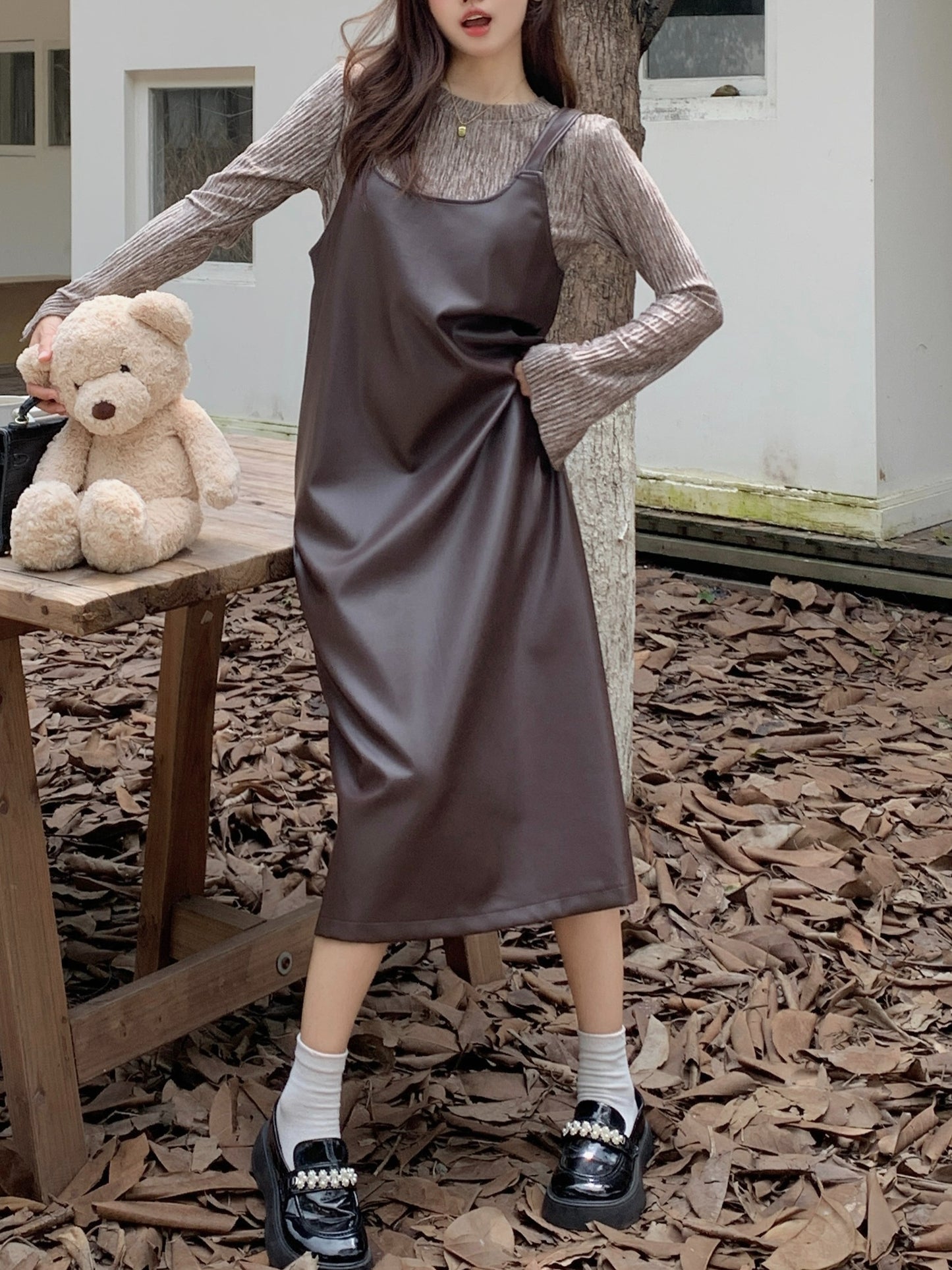 PU Leather Overall Dress