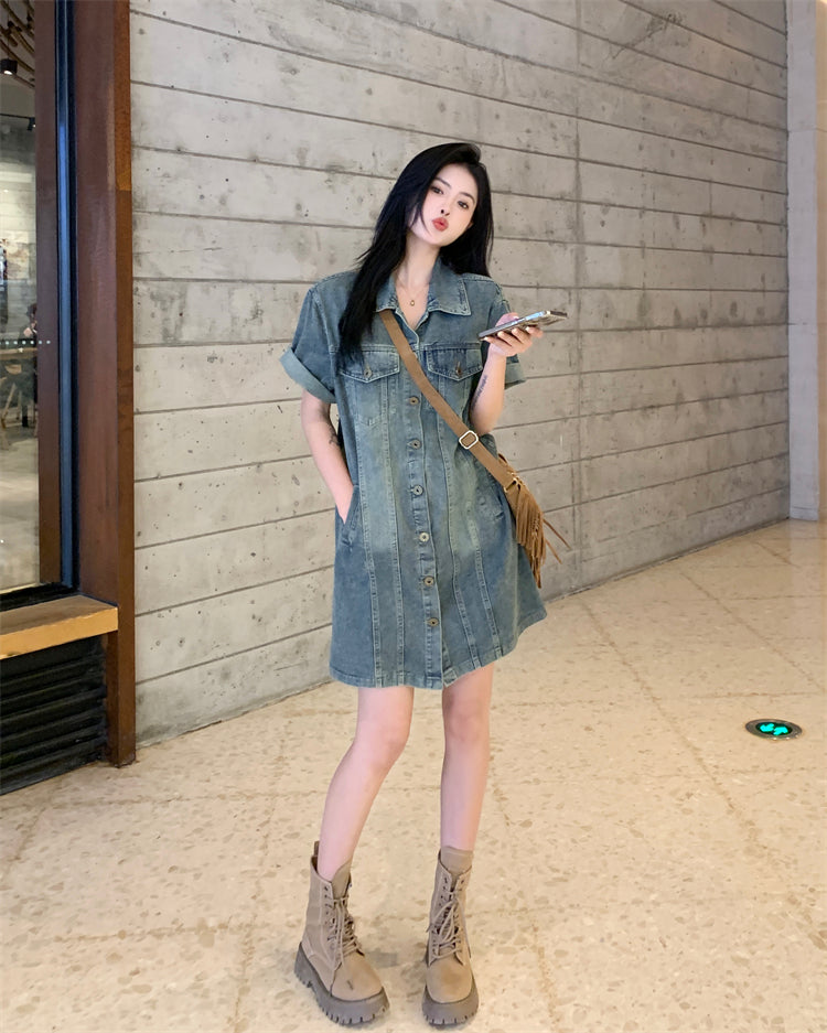 Denim Midi Dress with Short Sleeves, Vintage Denim Dress, Denim Shirt Collar Dress, Denim Shirt Dress with Pockets